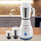 Lifelong 3-jar mixer grinder with a durable stainless steel main jar and two multipurpose grinding jars, featuring a white body with a blue control knob, ideal for grinding spices, chutneys, and daily kitchen food preparation.