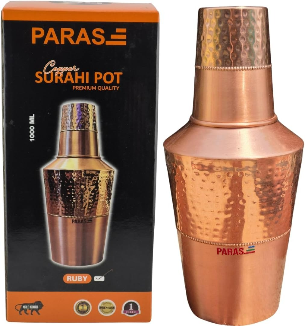 PARAS Handcrafted 32 Oz Pure Copper Bedroom Carafe Bottle With Inbuilt Glass, Surahi Design