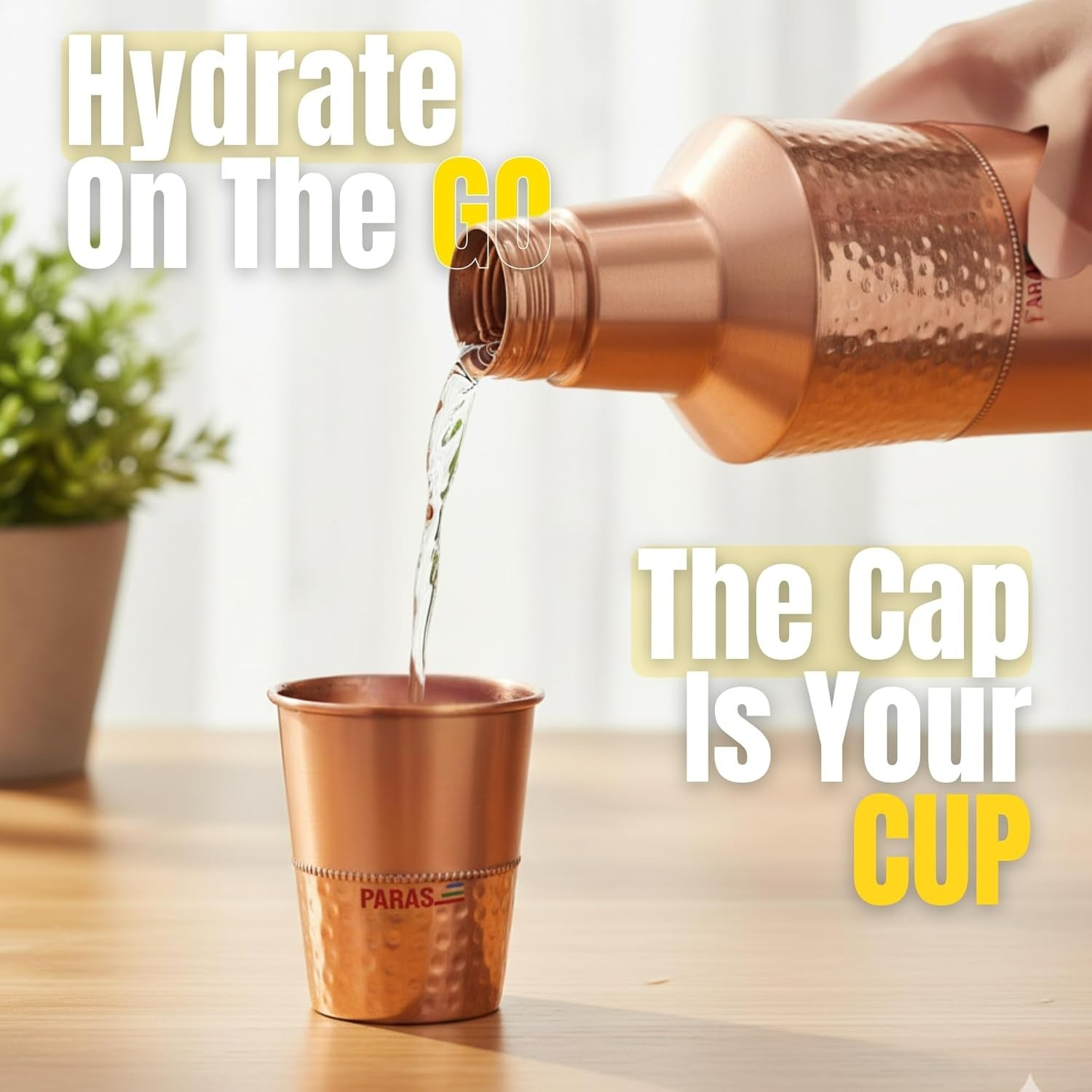 PARAS Handcrafted 32 Oz Pure Copper Bedroom Carafe Bottle With Inbuilt Glass, Surahi Design