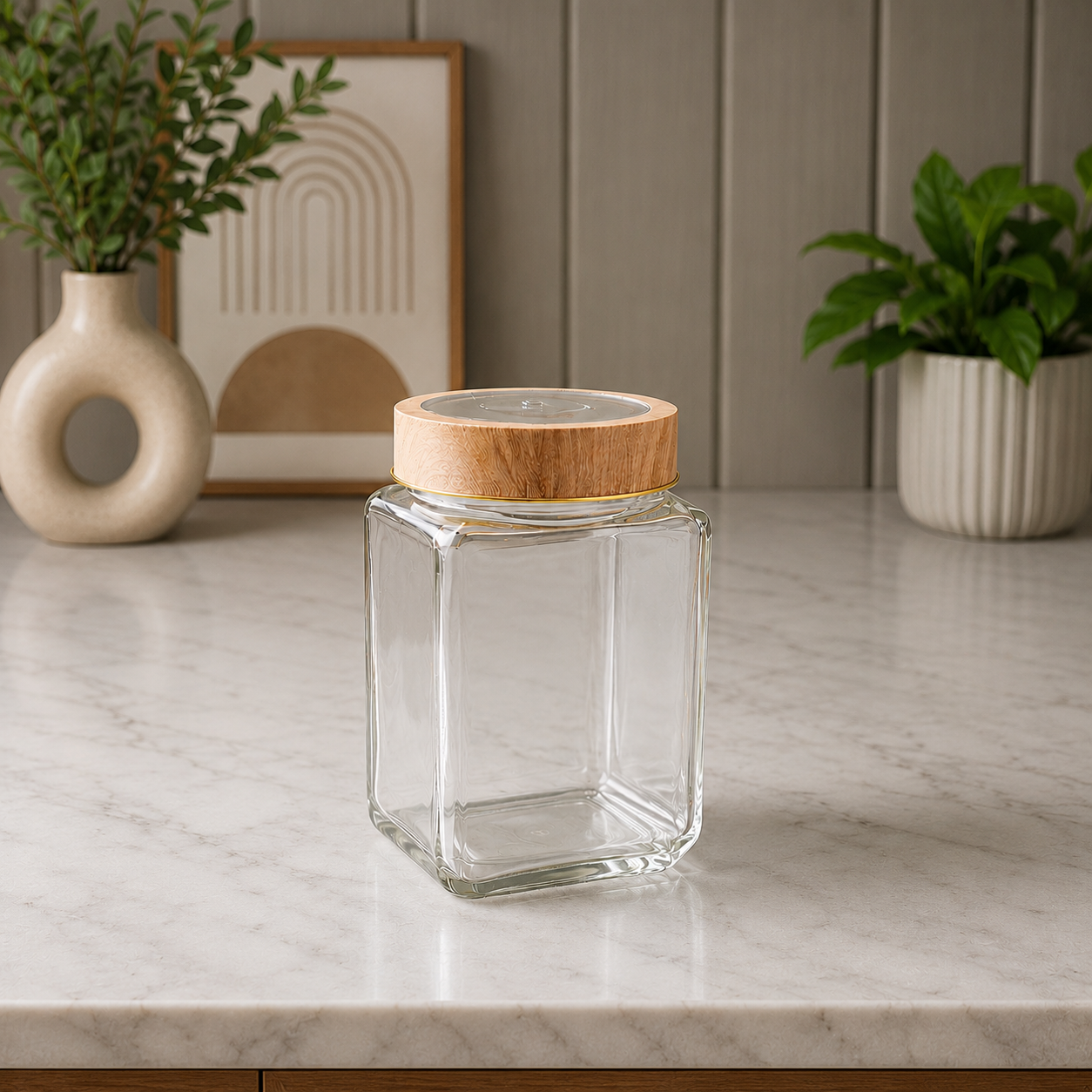 Premium square glass pantry storage jar with a wooden airtight lid placed on a modern marble countertop in a minimalist kitchen setting. Transparent glass container ideal for storing spices, grains, snacks, dry fruits, tea, coffee, and pantry essentials.