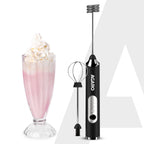 Royal 3-speed rechargeable electric milk frother with stainless steel whisk and interchangeable whisk attachment, designed for creating creamy milk foam, mixing coffee, cappuccino, latte, matcha, hot chocolate, cream, and protein shakes. Features a stand-up design, ergonomic handle, USB rechargeable battery, and durable food-grade stainless steel construction.