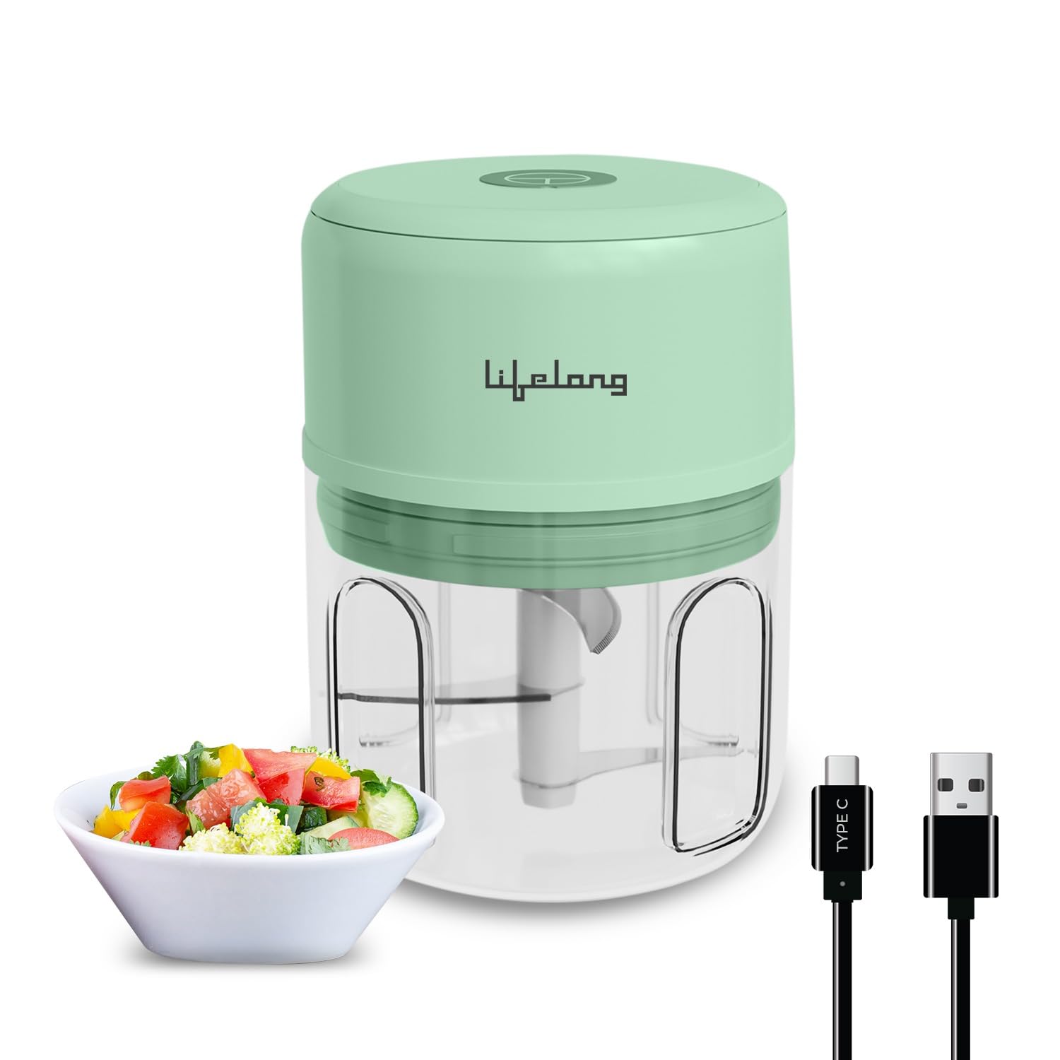 Lifelong USB rechargeable mini food chopper with a 250ml transparent bowl, stainless steel blades, Type-C charging cable, and a bowl of fresh chopped vegetables. Portable electric chopper for onions, garlic, vegetables, herbs, and nuts.
