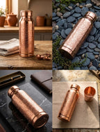 A collage showing a copper-toned engraved water bottle or tumbler in four lifestyle settings: on a wooden table with folded cloth and small accessories, on blue pebbles with greenery, on a dark marble surface with a wallet and pen, and on a light stone surface with a small matching cup.