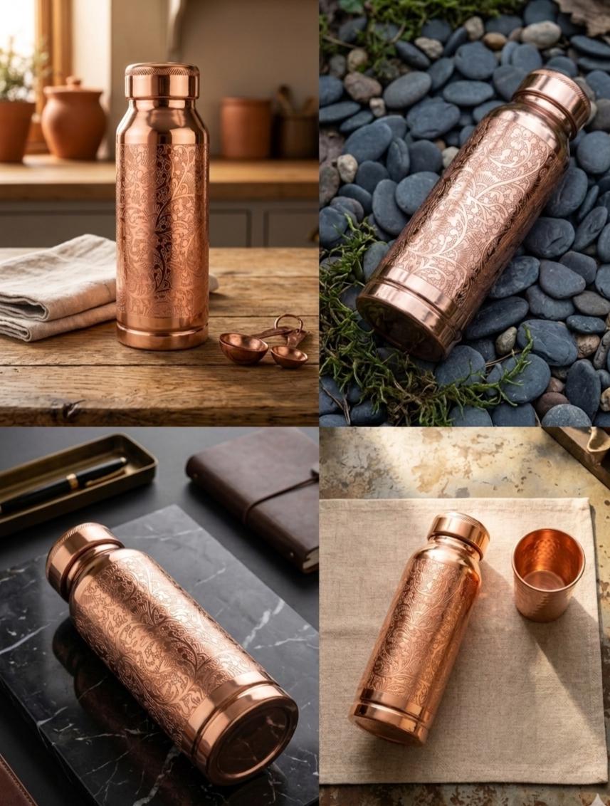 A collage showing a copper-toned engraved water bottle or tumbler in four lifestyle settings: on a wooden table with folded cloth and small accessories, on blue pebbles with greenery, on a dark marble surface with a wallet and pen, and on a light stone surface with a small matching cup.