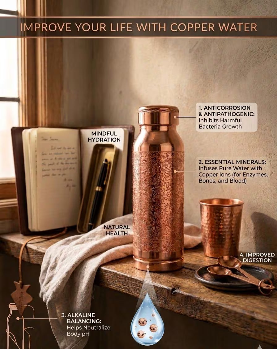 A copper water bottle with a matching copper cup and accessories arranged on a wooden table in a warm interior setting. Text callouts describe health benefits of copper water, and a water droplet graphic shows impurities being filtered out.