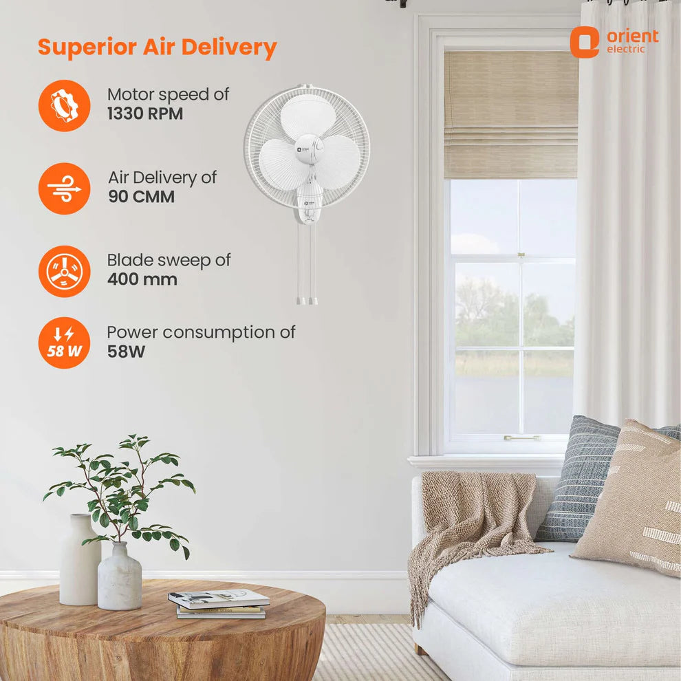 Wall-mounted fan in a living room with product features displayed.
