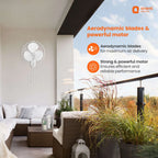 A white wall-mounted centrifugal fan with aerodynamic blades, shown installed on a modern outdoor balcony with lounge furniture, plants, and promotional text overlays from Orient Electric.