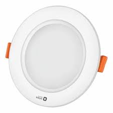 A white circular recessed LED ceiling light with small orange side tabs and a small logo printed near the bottom, shown on a plain white background.