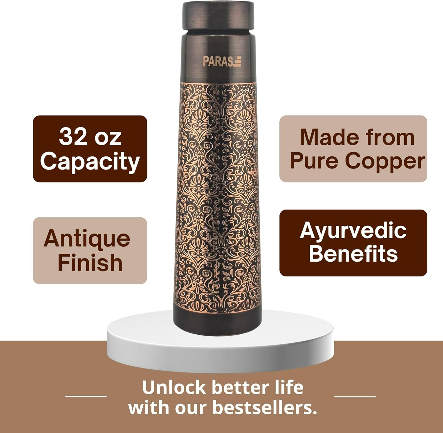 Handcrafted 32 oz Antique Pure Copper Water Bottle