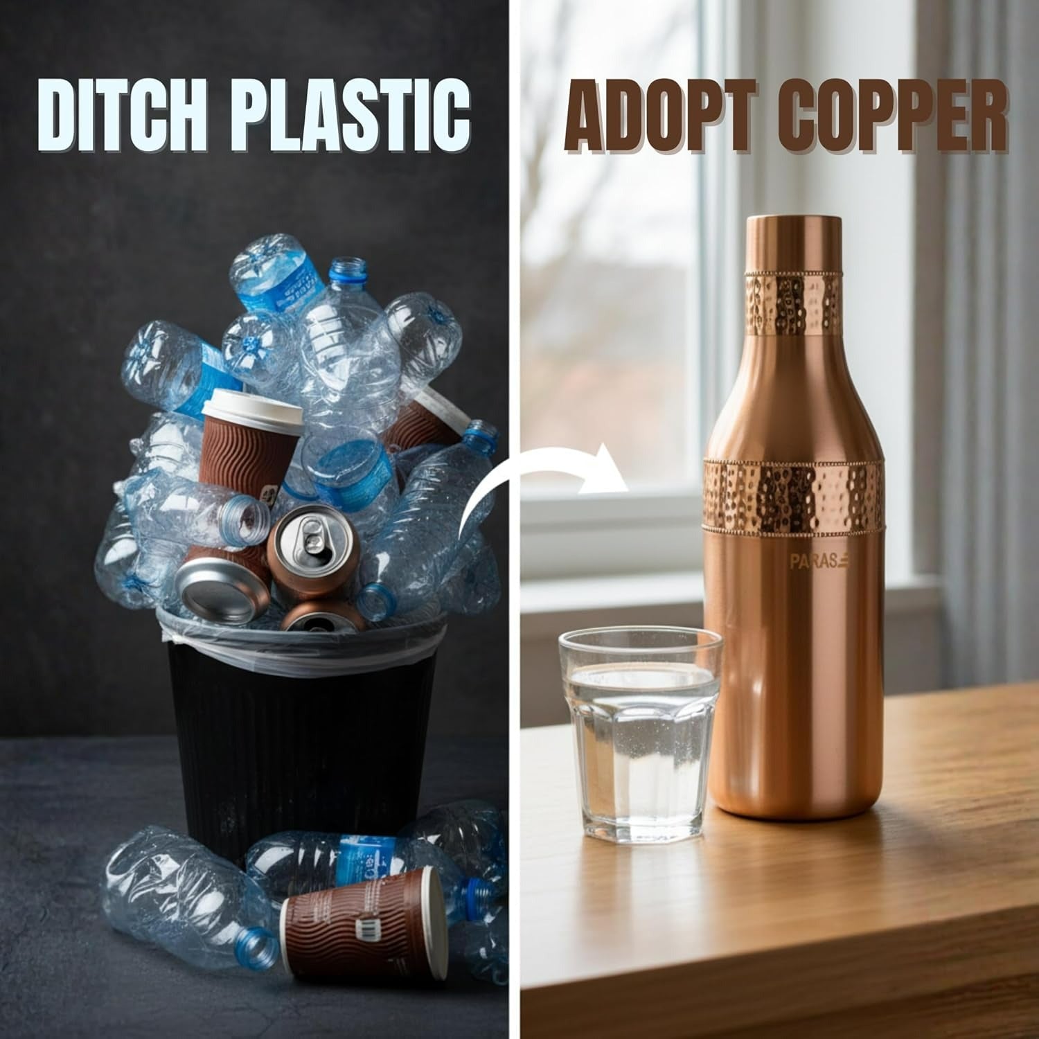 84oz Handcrafted Pure Copper Water Bottle With Built In Glass for Daily Hydration