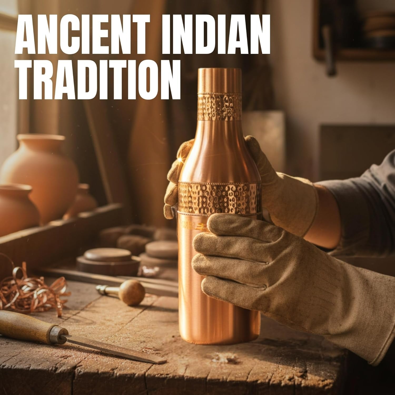 84oz Handcrafted Pure Copper Water Bottle With Built In Glass for Daily Hydration