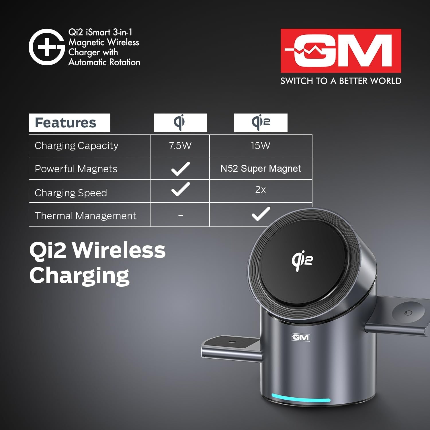GM G+ iSmart Qi2 3-in-1 Magnetic Wireless Charger