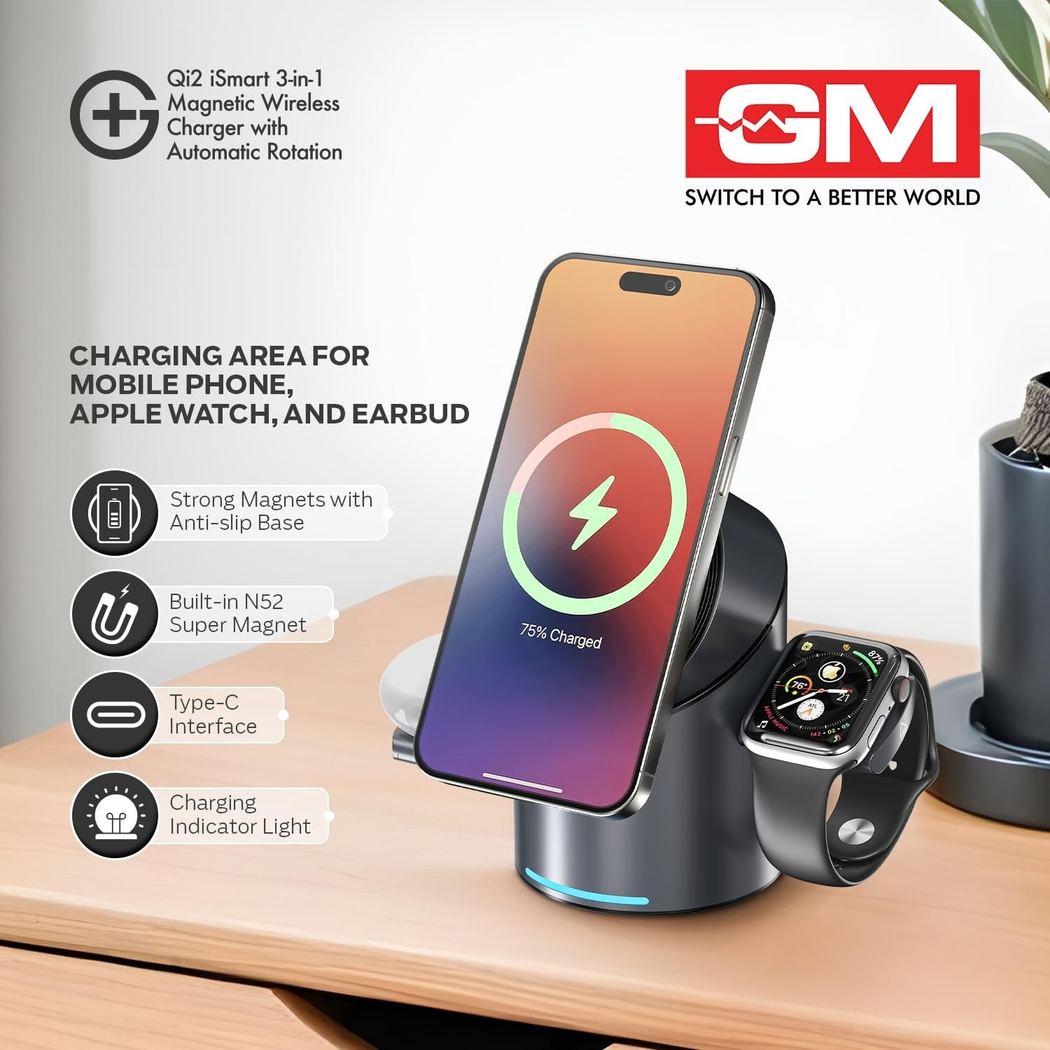 GM G+ iSmart Qi2 3-in-1 Magnetic Wireless Charger