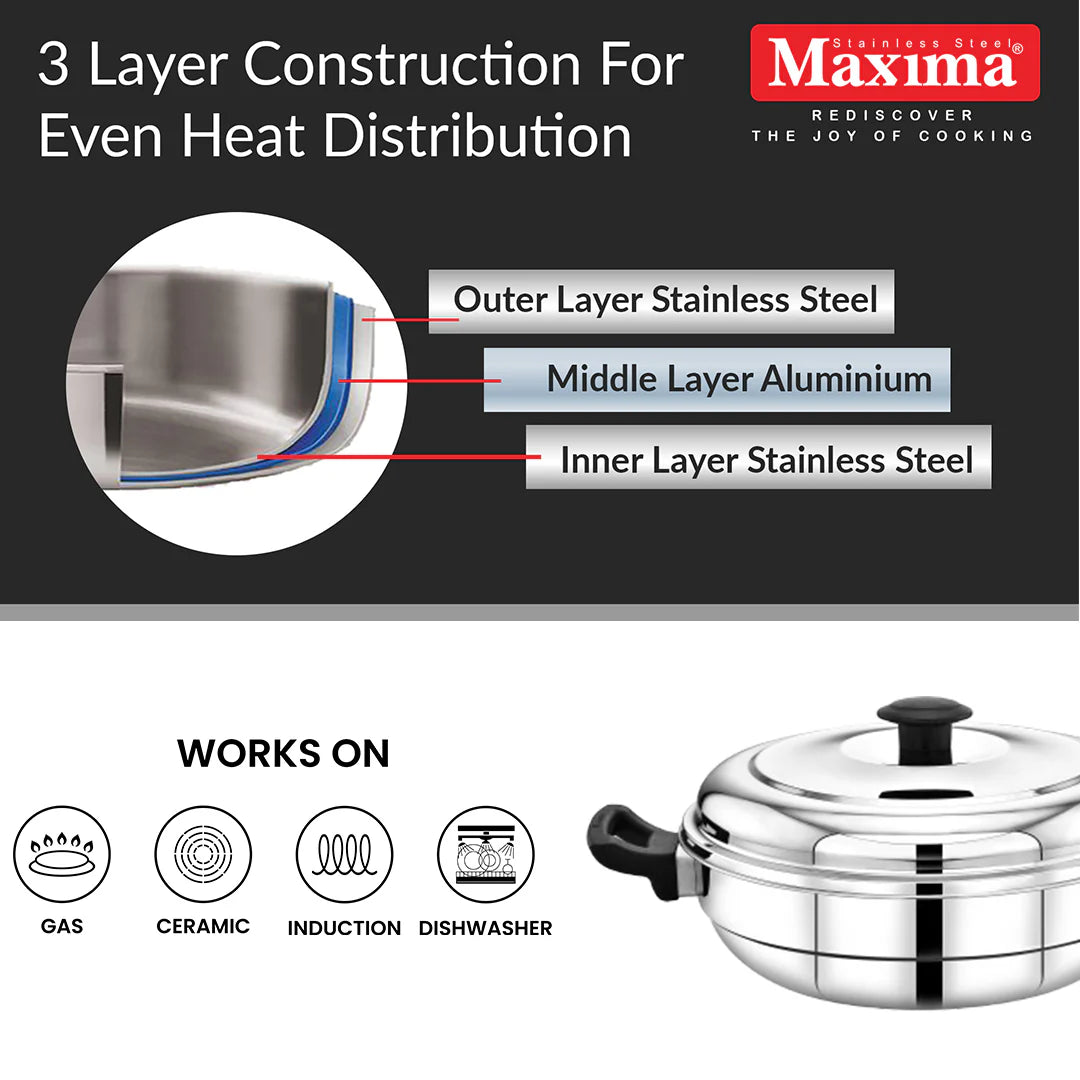 Maxima Triply Stainless Steel Multi Kadai 28cm (Induction Friendly)