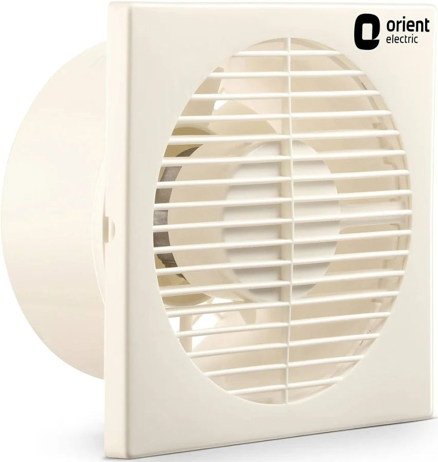 An off-white square wall vent fan with a circular grille and visible internal fan blades, shown on a white background with the 'orient electric' logo in the top right corner.