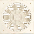 An off-white plastic square ventilation fan with a circular grille and five visible blades, shown against a plain white background.