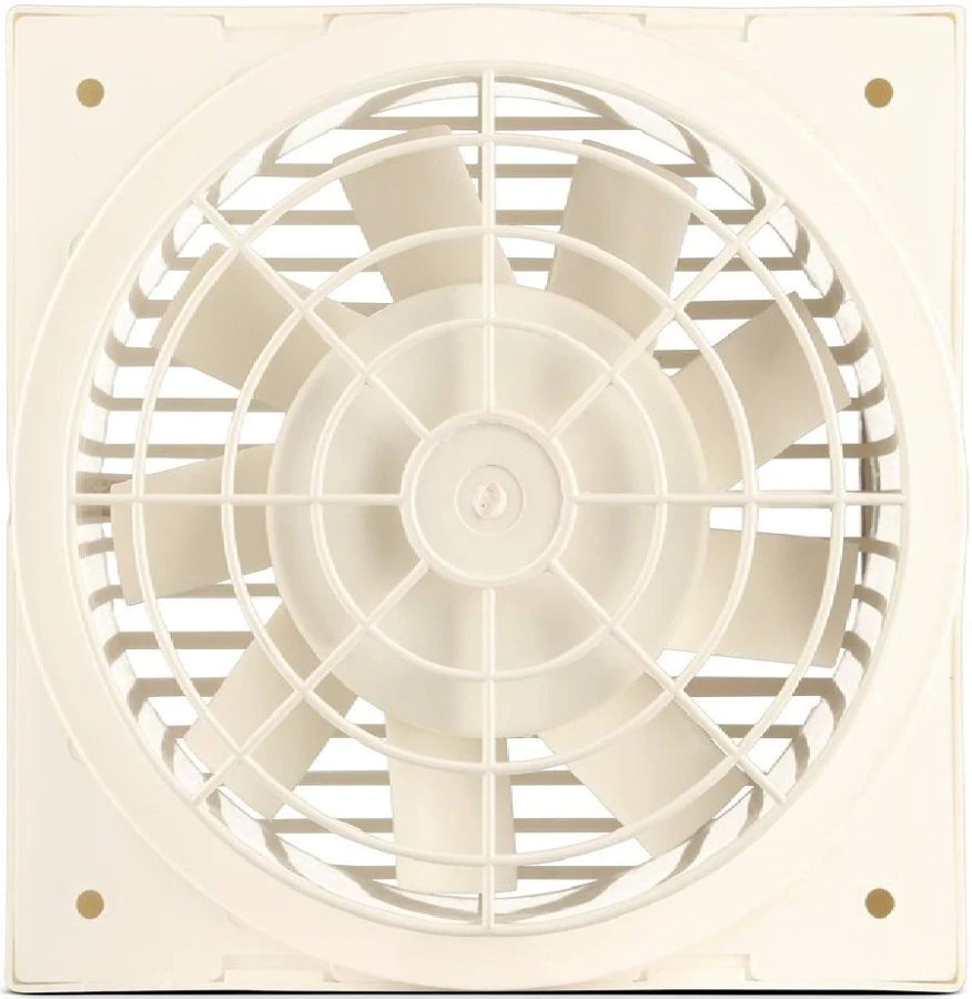 An off-white plastic square ventilation fan with a circular grille and five visible blades, shown against a plain white background.
