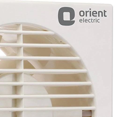 Close-up of an Orient Electric vent fan with a white plastic grille and the brand logo printed in gray on the top right.