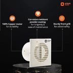 White square wall-mounted exhaust fan with a circular vent grille, shown on a dark background with feature callouts and the Orient Electric logo.