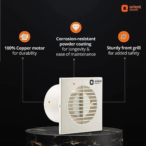 White square wall-mounted exhaust fan with a circular vent grille, shown on a dark background with feature callouts and the Orient Electric logo.