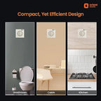 A promotional graphic for a compact wall-mounted exhaust fan by Orient Electric, showing three interior installation examples: a bathroom, a cabin, and a kitchen. The top text reads 'Compact, Yet Efficient Design' on a black background, with the Orient Electric logo in the upper right.