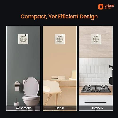 A promotional graphic for a compact wall-mounted exhaust fan by Orient Electric, showing three interior installation examples: a bathroom, a cabin, and a kitchen. The top text reads 'Compact, Yet Efficient Design' on a black background, with the Orient Electric logo in the upper right.
