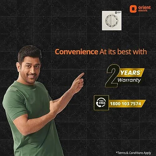 Promotional graphic for Orient Electric featuring a man in a green t-shirt pointing towards text that reads 'Convenience At its best with 2 Years Warranty' and a phone number, set against a dark patterned background with the Orient Electric logo.