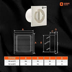 A technical dimension diagram of a square wall-mounted exhaust fan with labeled measurements A, B, C, and D, shown on a black fabric background with a small product photo at the top and a sweep area table at the bottom. The Orient Electric logo appears in the top right.