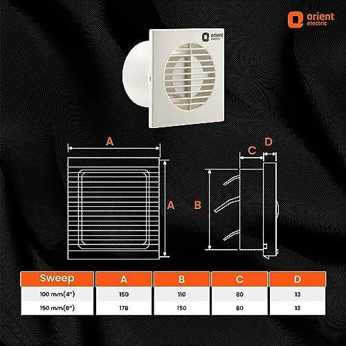 A technical dimension diagram of a square wall-mounted exhaust fan with labeled measurements A, B, C, and D, shown on a black fabric background with a small product photo at the top and a sweep area table at the bottom. The Orient Electric logo appears in the top right.