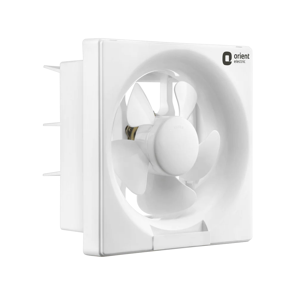 A white square wall-mounted exhaust fan with five blades, shown at a three-quarter angle on a plain white background. The brand logo 'orient' is visible on the top right of the casing.