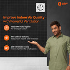 Advertisement for Orient Electric ventilation product with a man and product details on a dark background