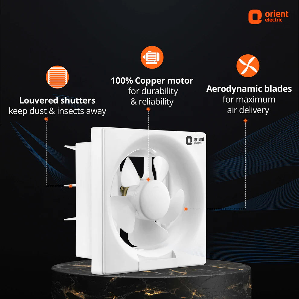 Orient Electric exhaust fan with features highlighted on a dark background
