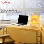 Laptop on a desk with a lamp emitting a warm glow, suitable for quiet areas like bedrooms or workplaces.